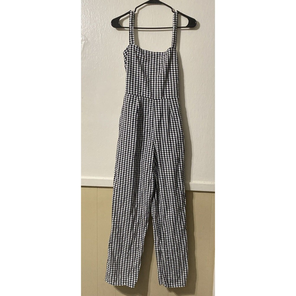 Blue Rain Gingham Plaid Boho Wide Leg Lagenlook Jumpsuit Womens XL Black Hippie